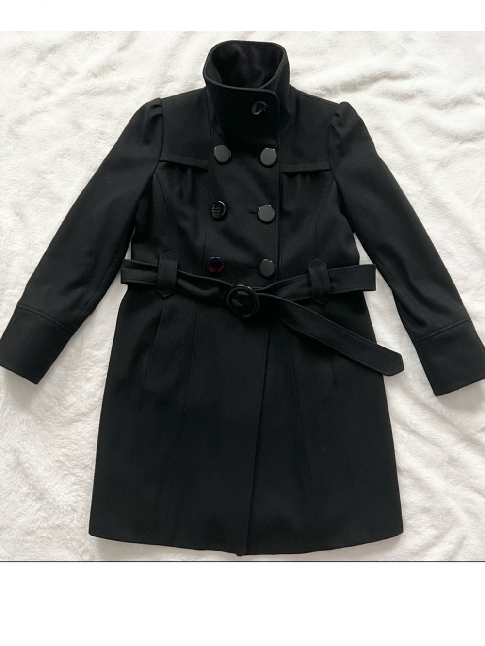 Lk NEW Guess Black Wool Blend Belted Coat military double breasted buttons L